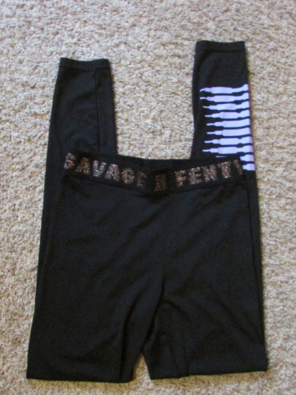 NWOT Savage X Fenty Black Small Leggings Purple Accent Gold Shimmer Logo Waist